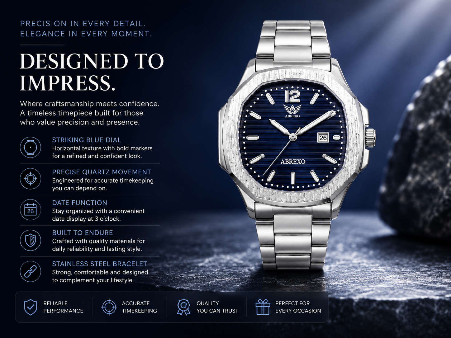 Premium Blue Textured Dial Quartz Wrist Watch with Date Display and Stainless Steel Chain 3