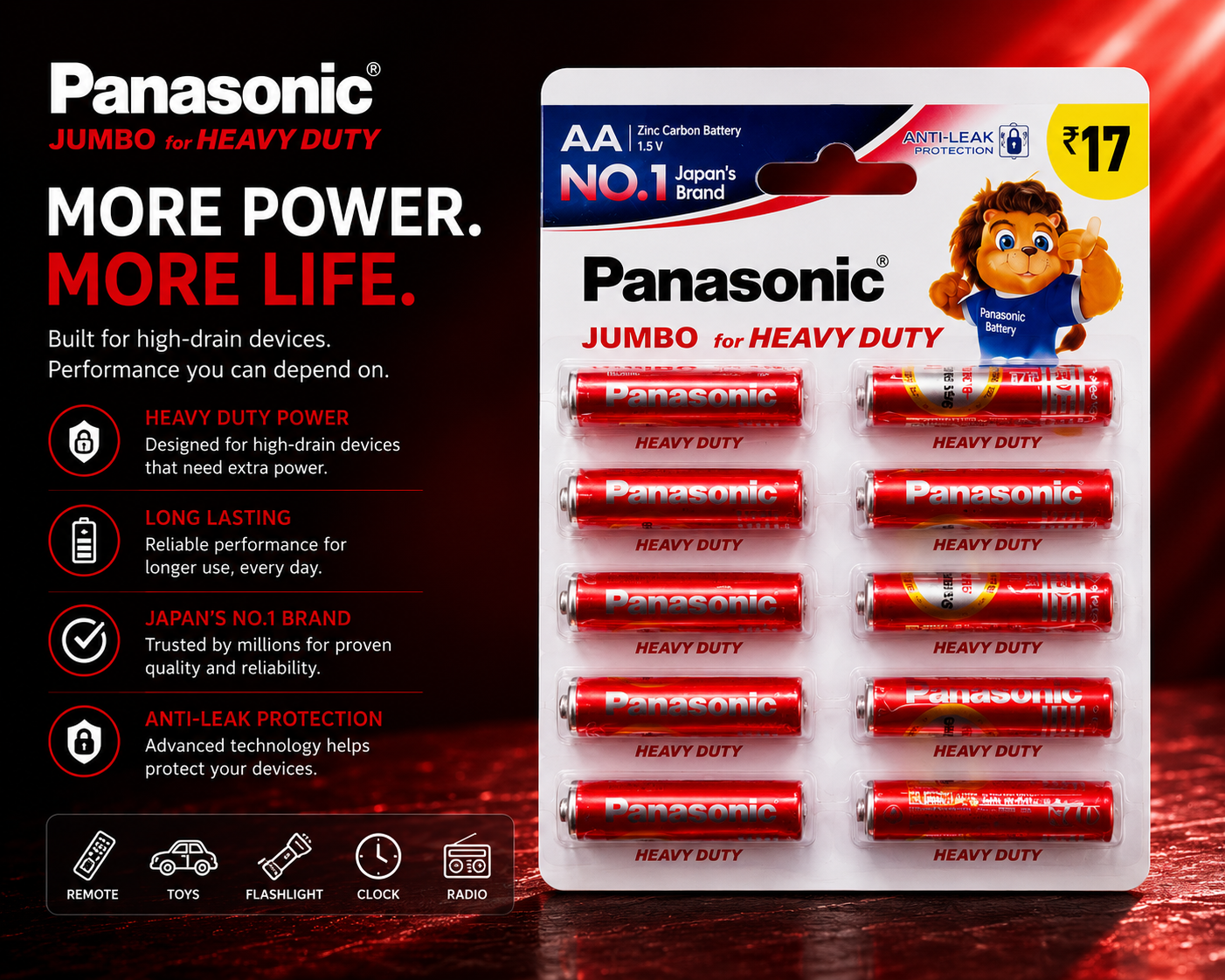 Panasonic Jumbo AA Zinc Carbon 1.5V Batteries Pack of 10 2