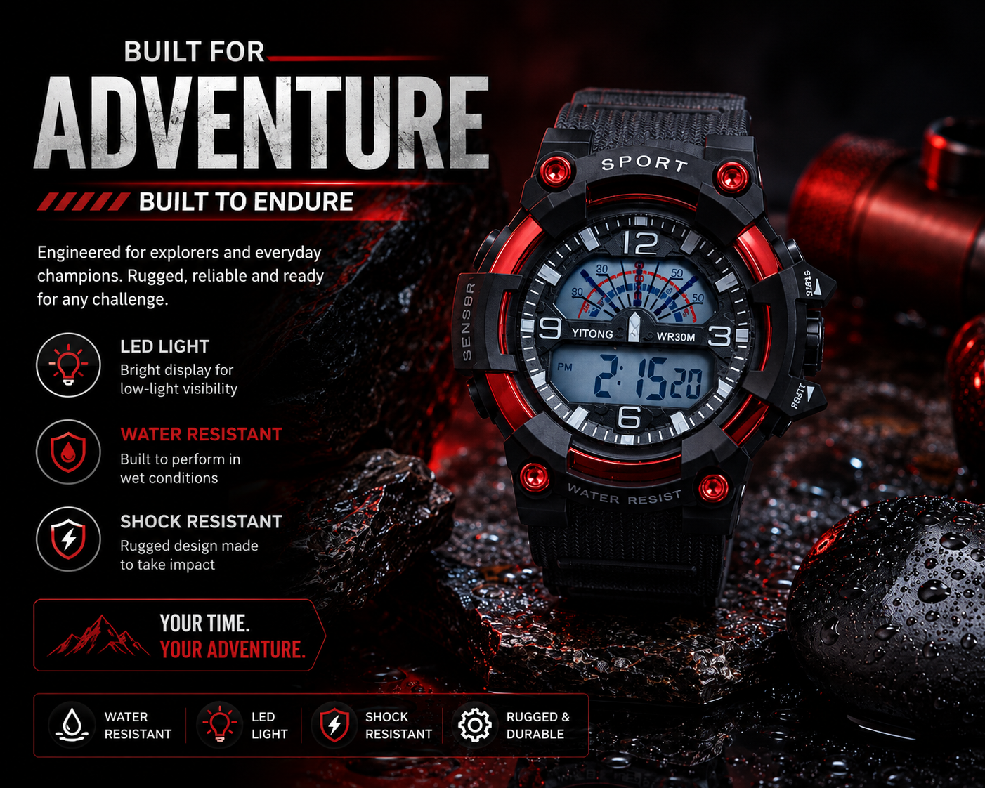 Red Black Water Resistant Digital Sports Watch for Men 2
