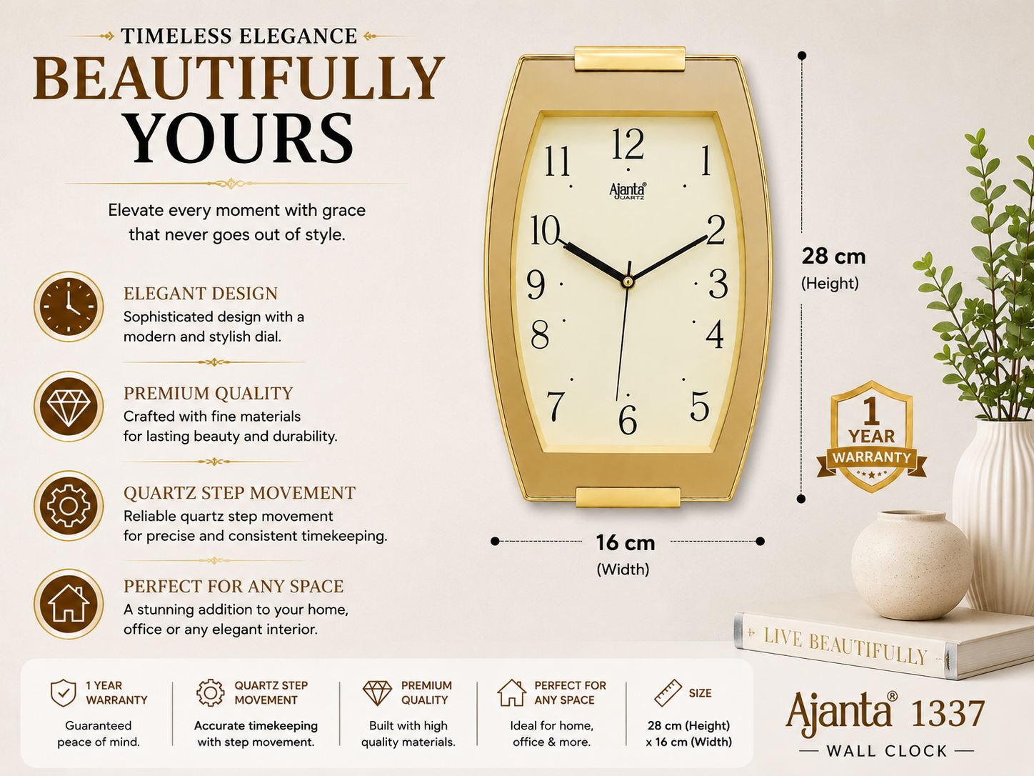 Ajanta 1337 Golden Wall Clock 11 Inch with 1 Year Warranty 2