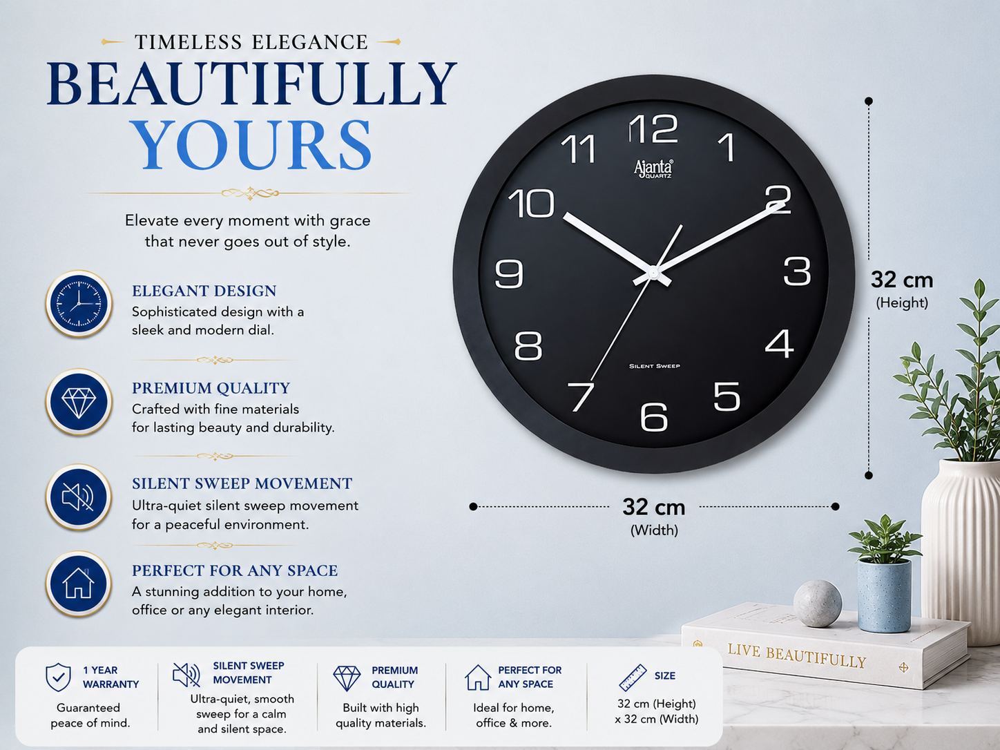 Ajanta 1057 Black Designer 12 inch Wall Clock – Real Silent Sweep with 1-Year Warranty 2
