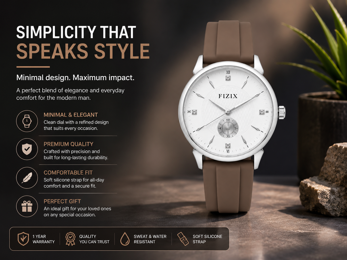 Premium White Dial Quartz Analog Watch for Men with Brown Soft Silicone Strap 4