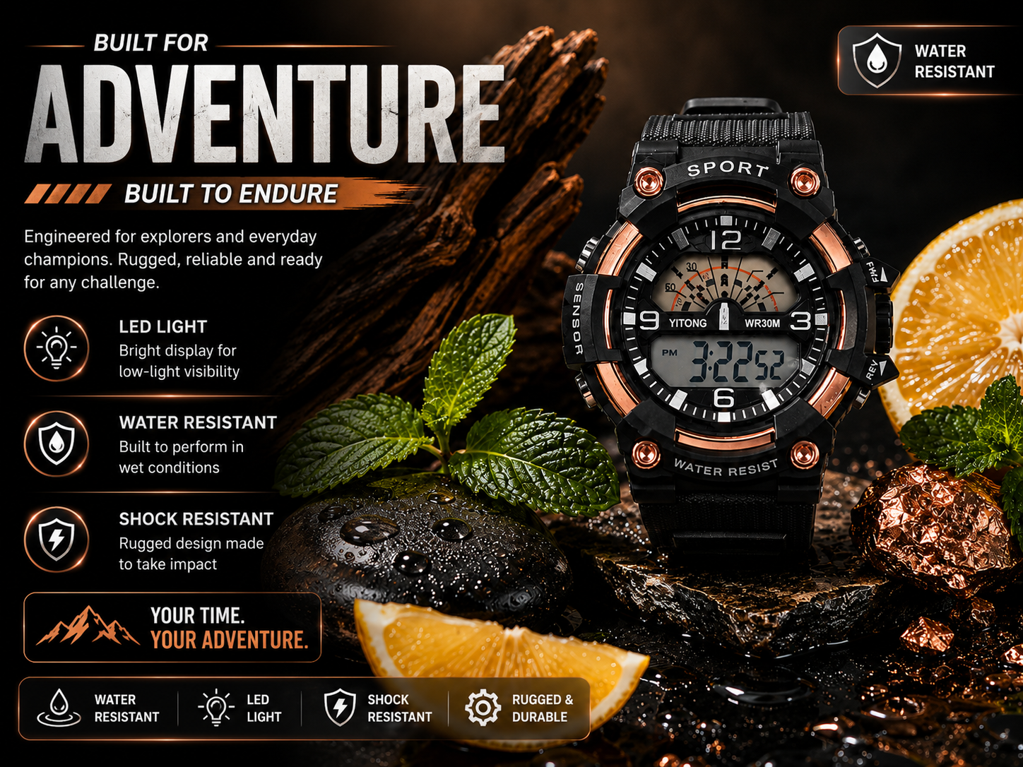 Black Rose Gold Water Resistant Digital Sports Watch for Men Rugged Outdoor Watch 2
