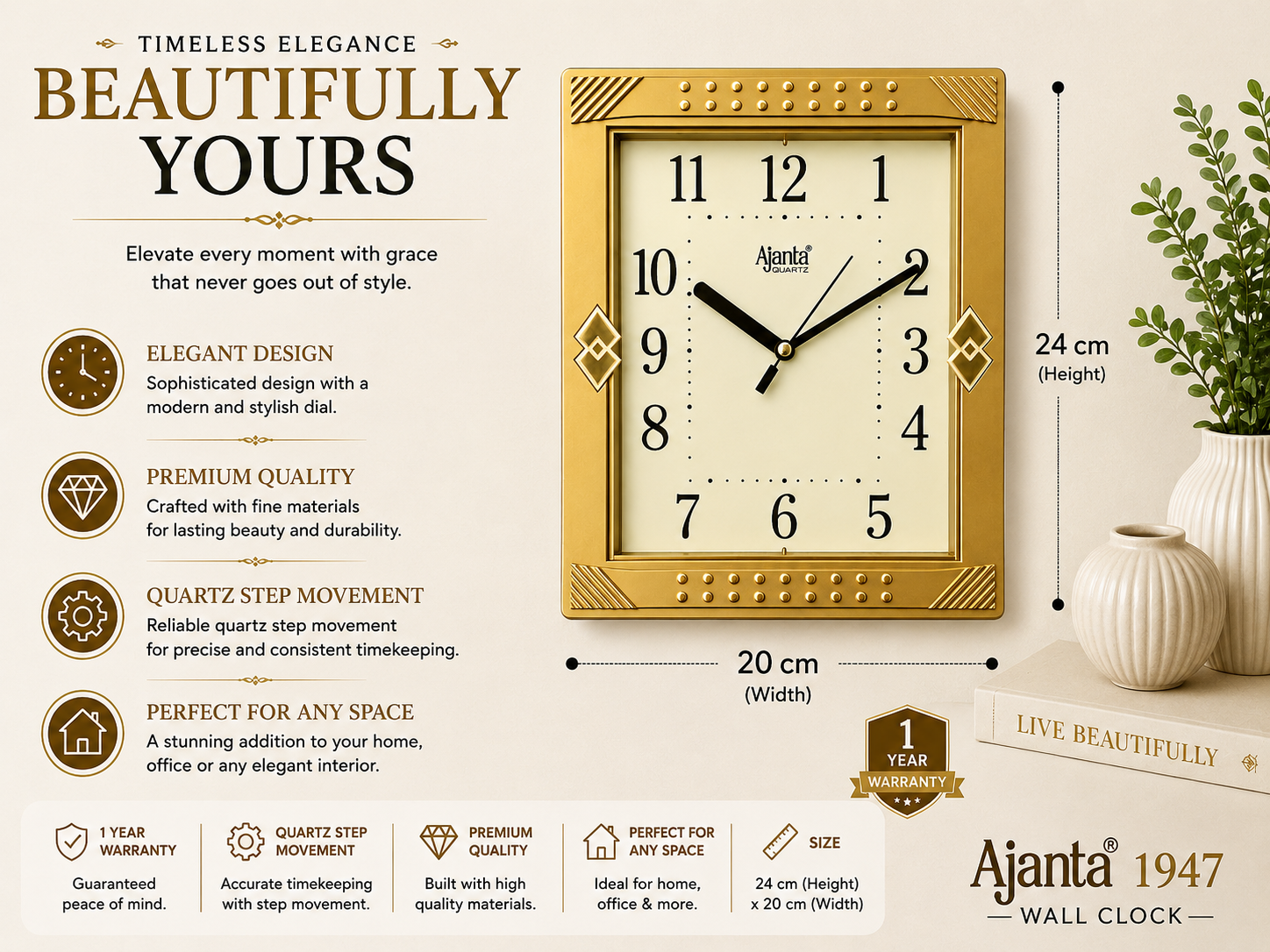 Ajanta 1947 Designer Wall Clock 10 Inch Golden Finish with 1 Year Warranty 2