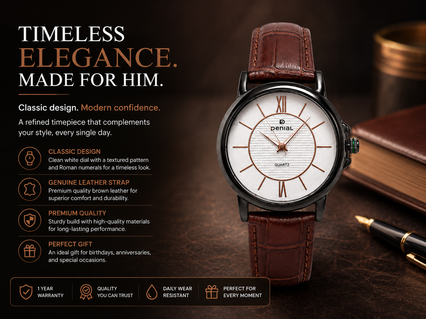 Premium Genuine Leather Dark Brown Strap Quartz Analog Watch for Men with White Dial 3