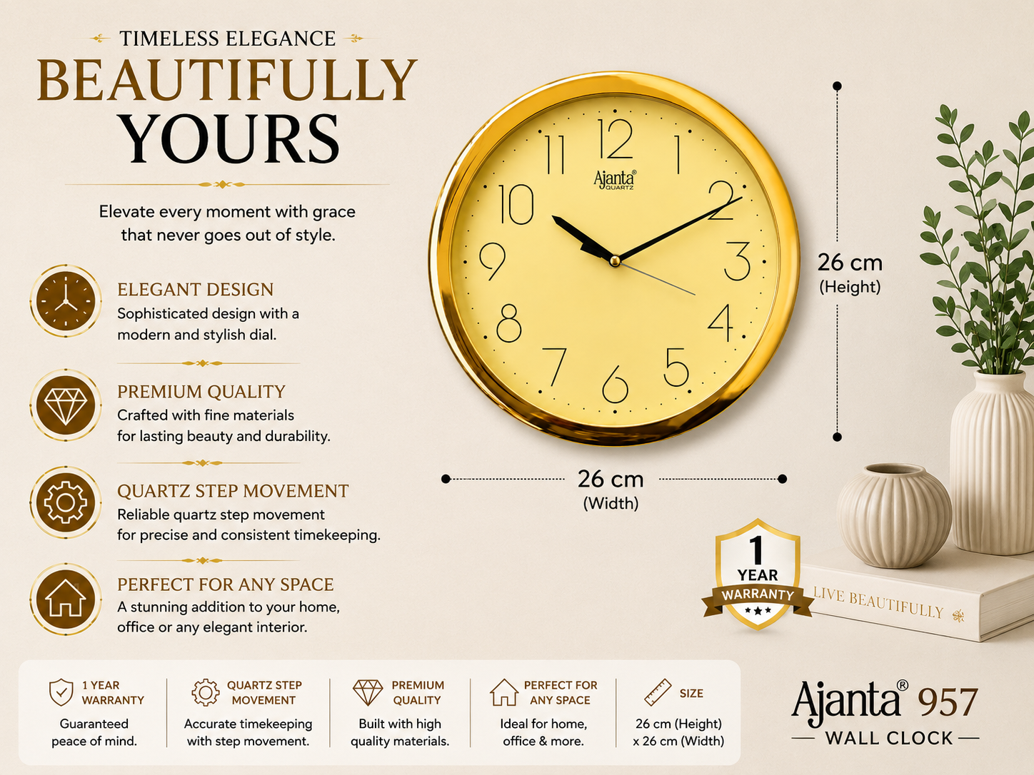 Ajanta 957 Premium Golden Wall Clock 10 Inch with 1 Year Warranty 2