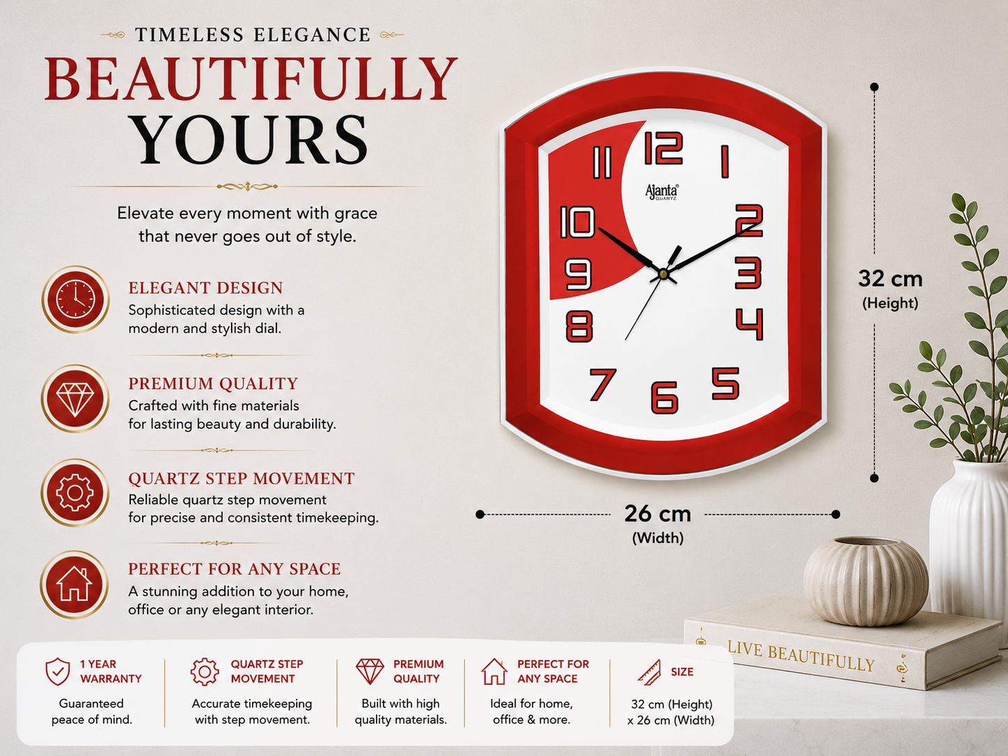 Ajanta 1997 Red Fancy 12 inch Wall Clock – Compact & Elegant Design 2