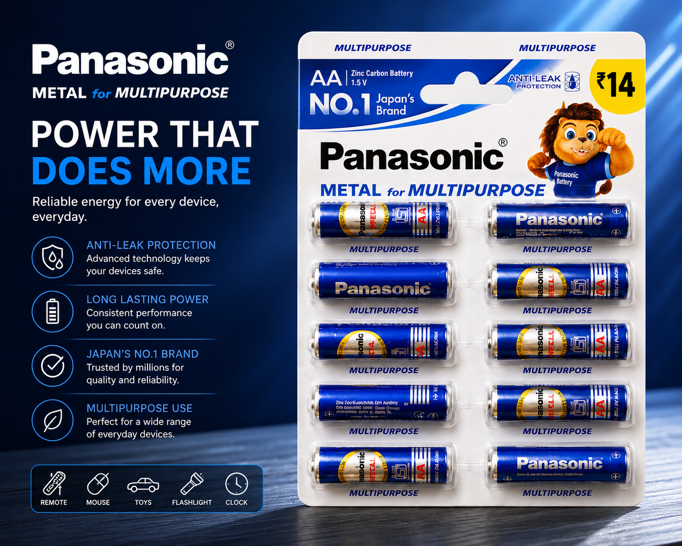 Panasonic Metal AA Zinc Carbon Battery Pack of 10 2