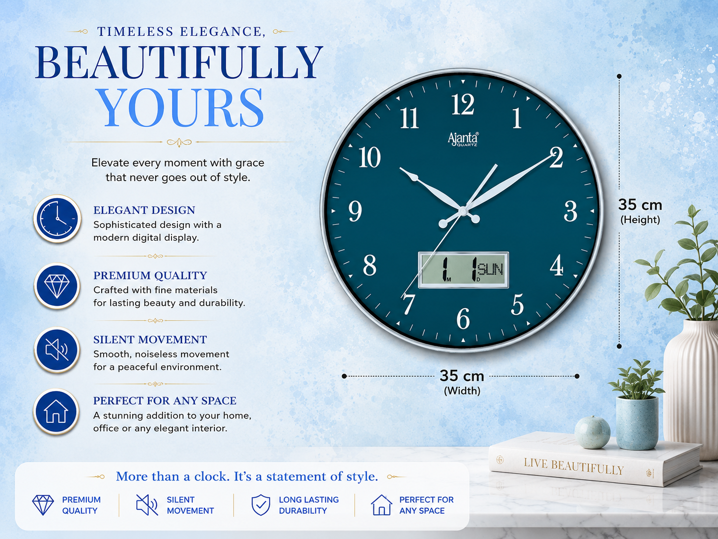 Ajanta 9107 Blue Designer Wall Clock – Silent Sweep, Elegant Design 2