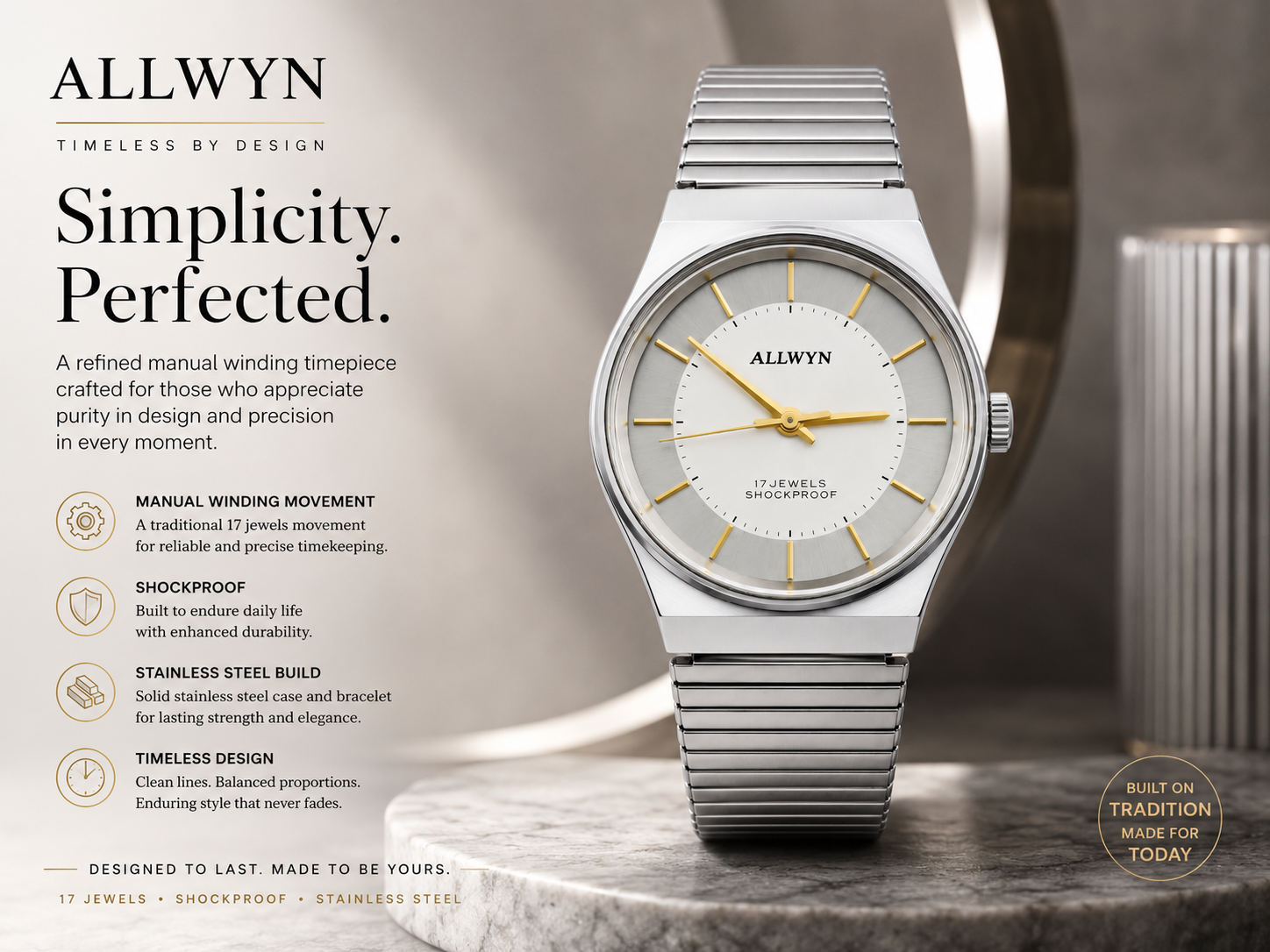 Allwyn Manual Winding Watch for Men with Stainless Steel Bracelet 2