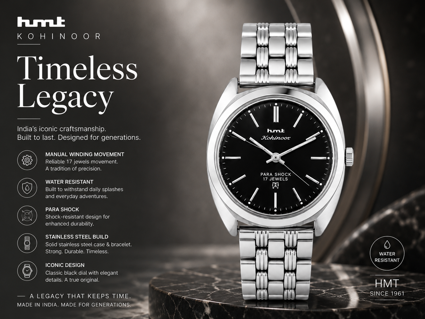 HMT Kohinoor Manual Winding Watch for Men with Stainless Steel Bracelet 2