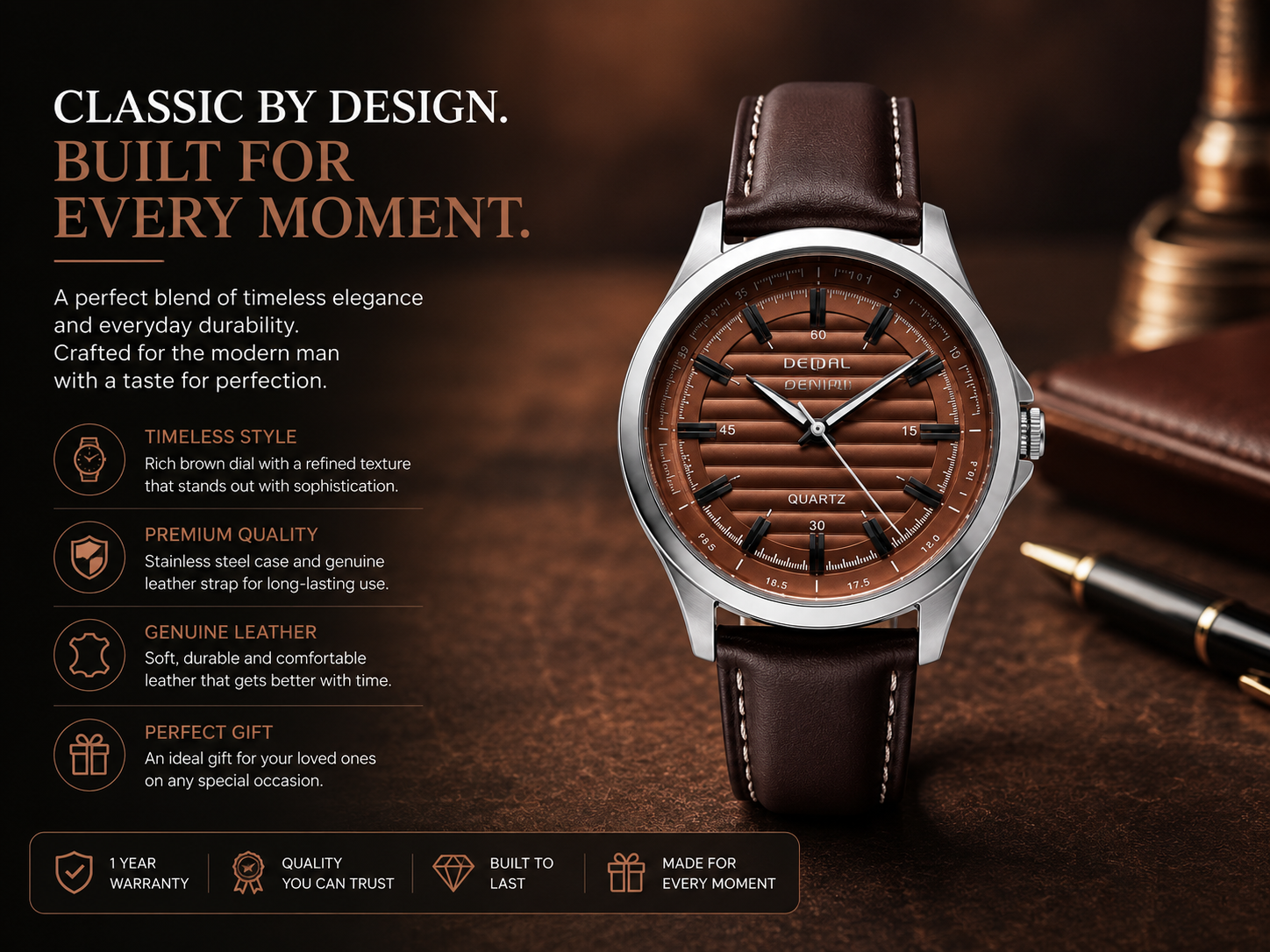 Premium Genuine Leather Dark Brown Strap Quartz Analog Watch for Men 3