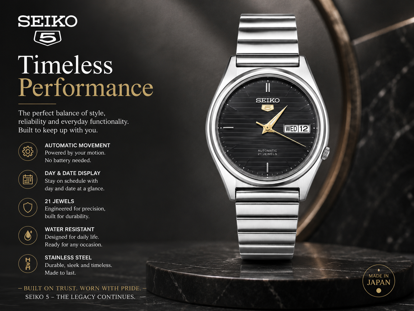 Seiko 5 Vintage Automatic Watch for Men with Day-Date Display & Stainless Steel chain 2