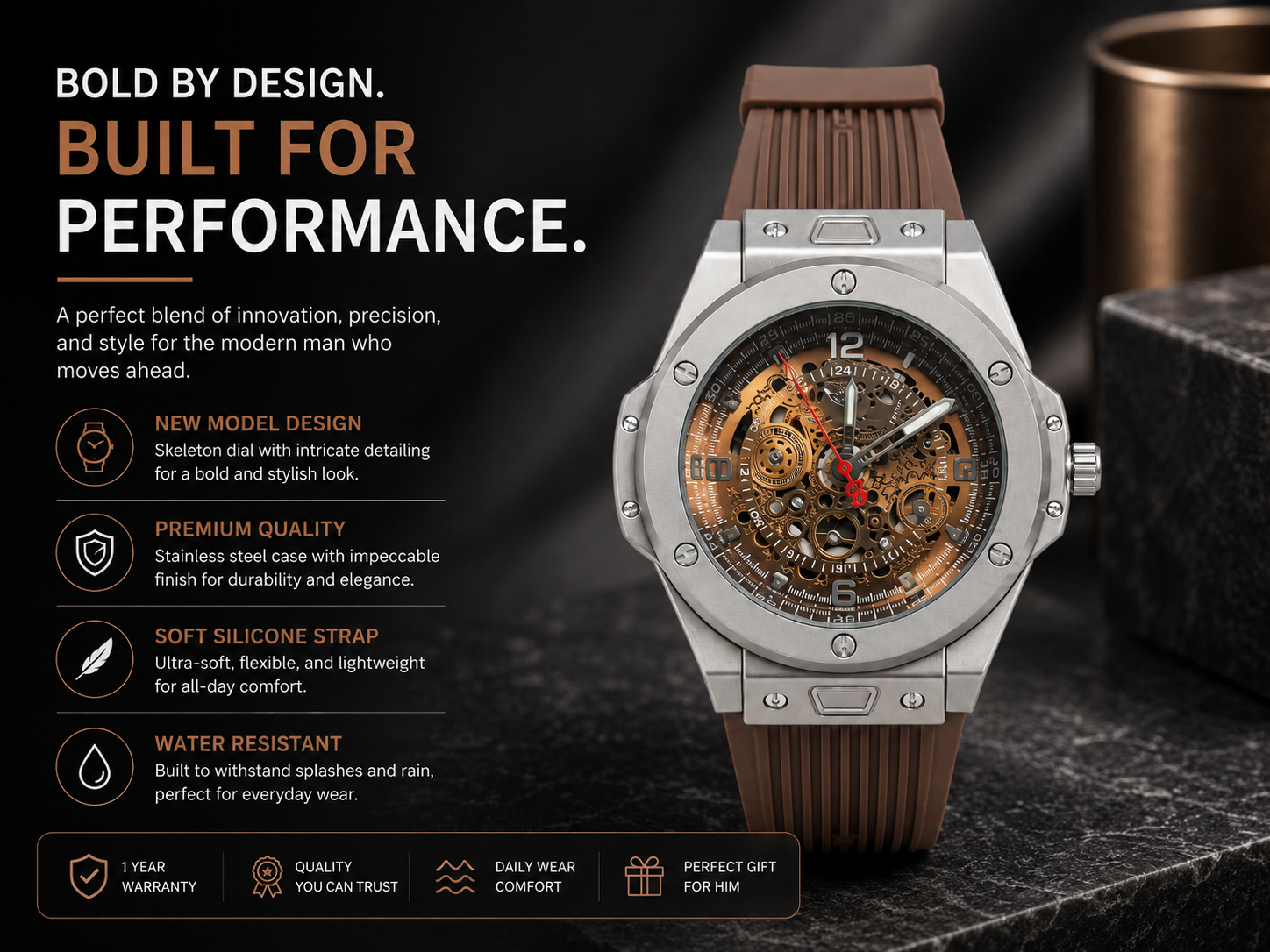 Premium Skeleton Dial Quartz Analog Watch for Men with Soft Brown Silicone Strap 3