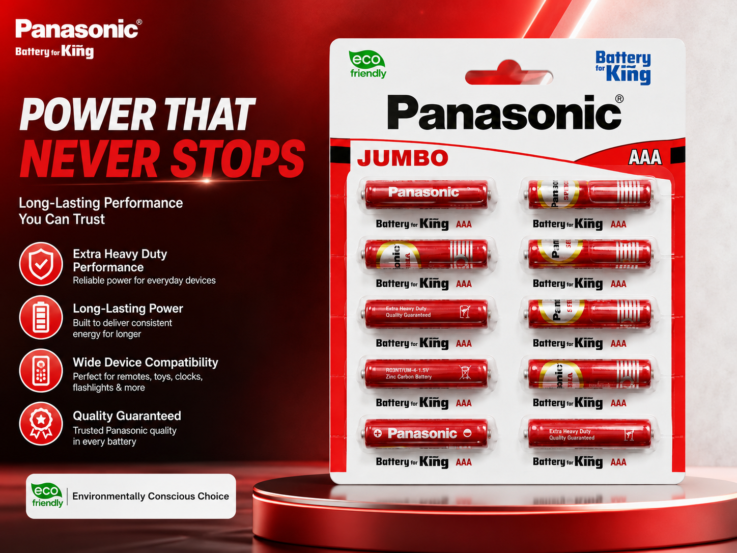 Panasonic Jumbo AAA Zinc Carbon 1.5V Batteries Pack of 10 2