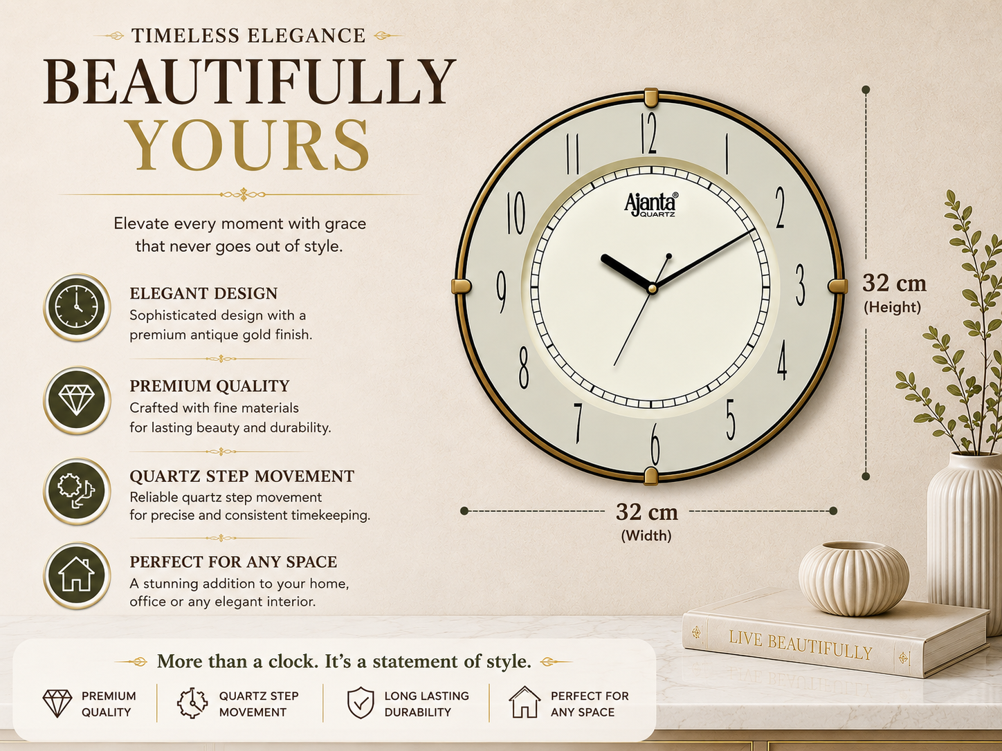 Ajanta 1197 Ivory Fancy Wall Clock – Compact & Elegant 2