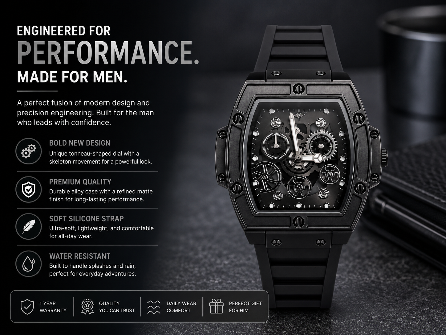 Premium Black Skeleton Dial Quartz Analog Watch for Men with Soft Silicone Strap 3