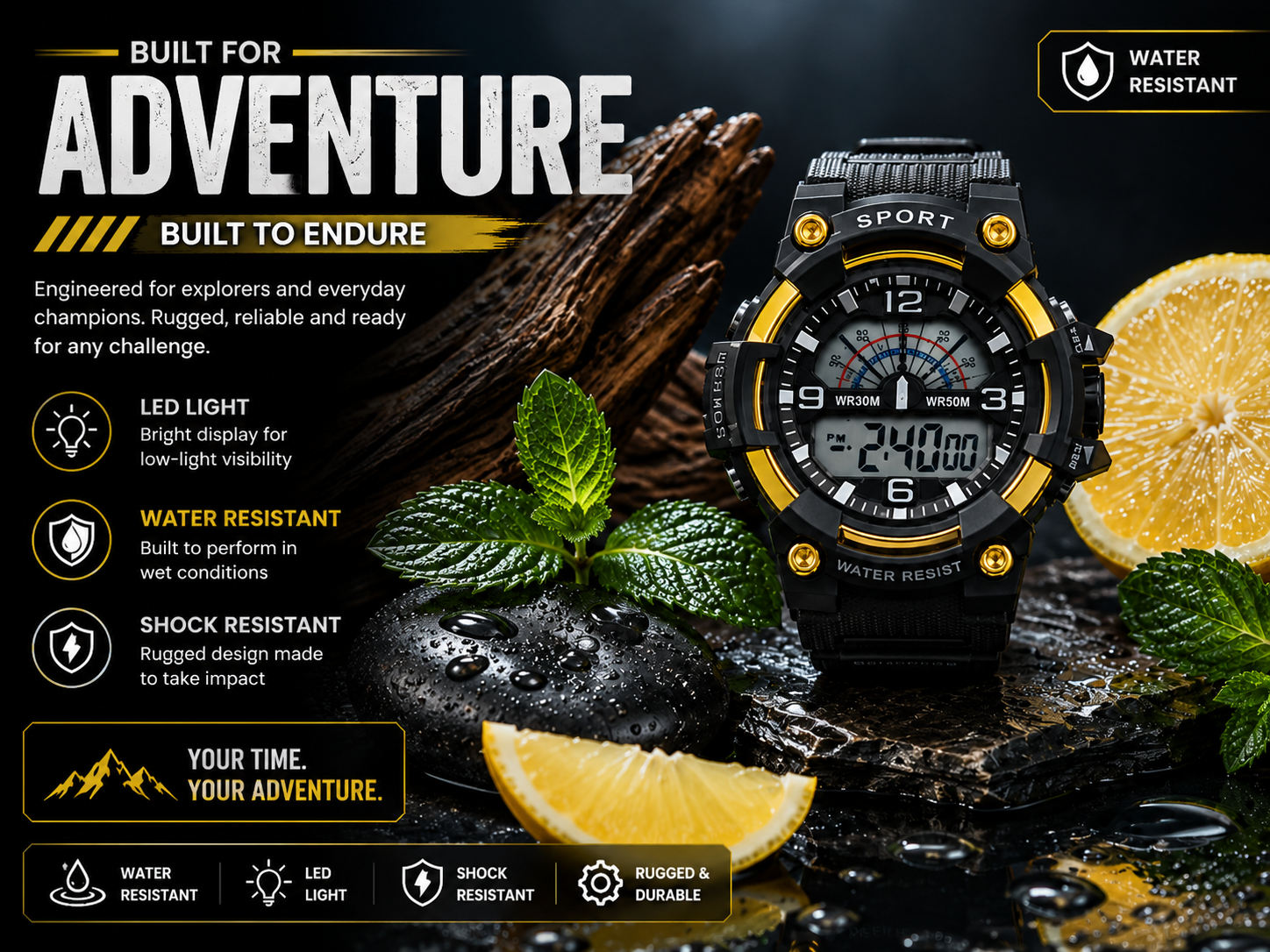 Black Gold Water Resistant Digital Sports Watch for Men Rugged Outdoor Wrist Watch 3