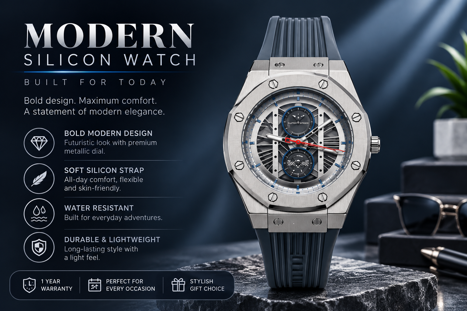 Premium Skeleton Dial Quartz Analog Watch for Men with Soft Silicone Strap 3