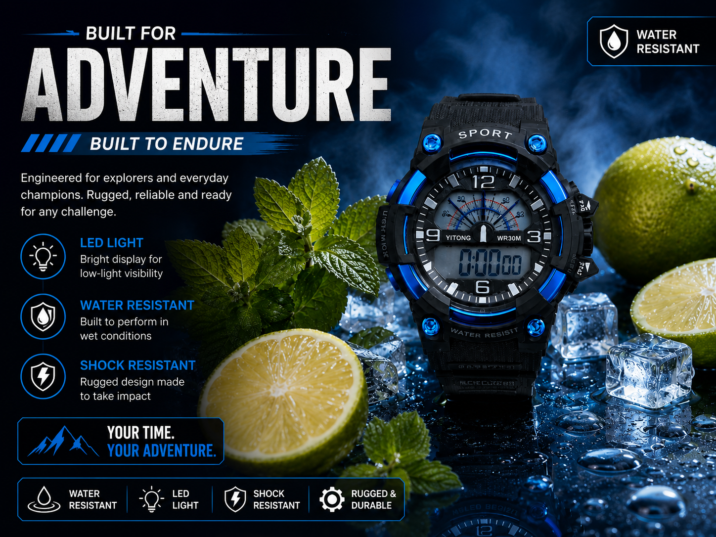 Blue Black Water Resistant Digital Sports Watch for Men 2