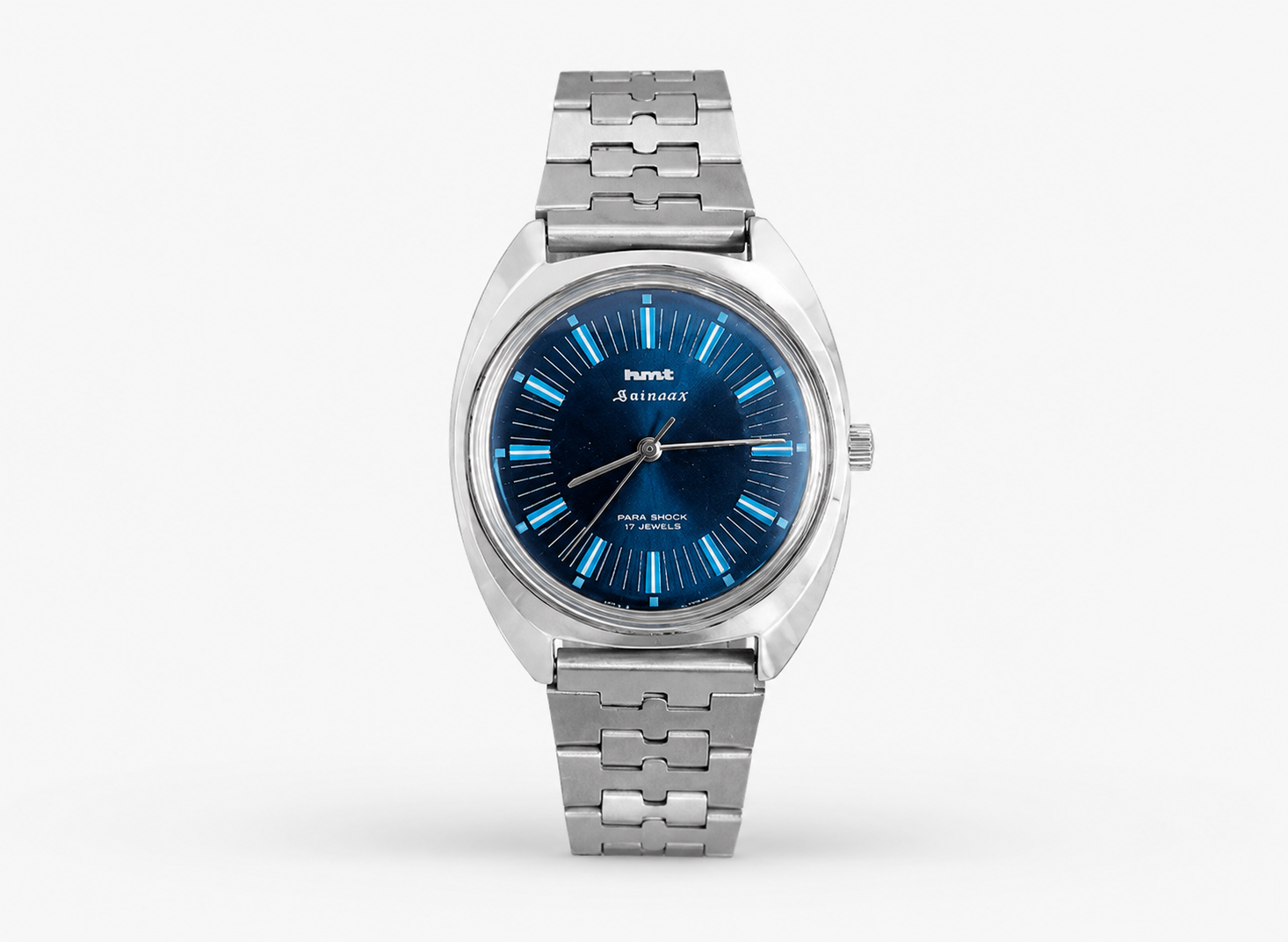 Vintage HMT Avinash Blue Sunburst Dial Manual Winding Wrist Watch with Stainless Steel Case