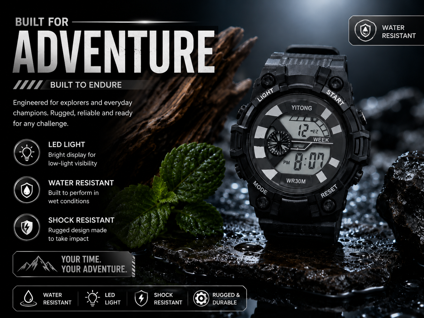 Water Resistant Digital Sports Watch for Men Black Outdoor Adventure Watch 2
