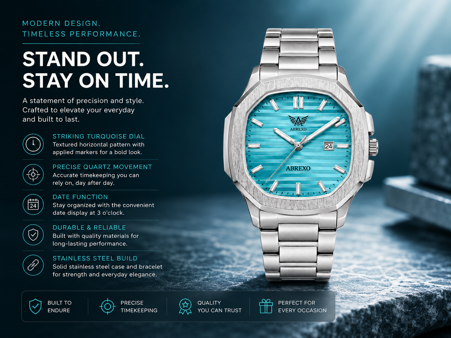 Premium Ice Blue Dial Quartz Wrist Watch with Date Display and Stainless Steel Chain 2